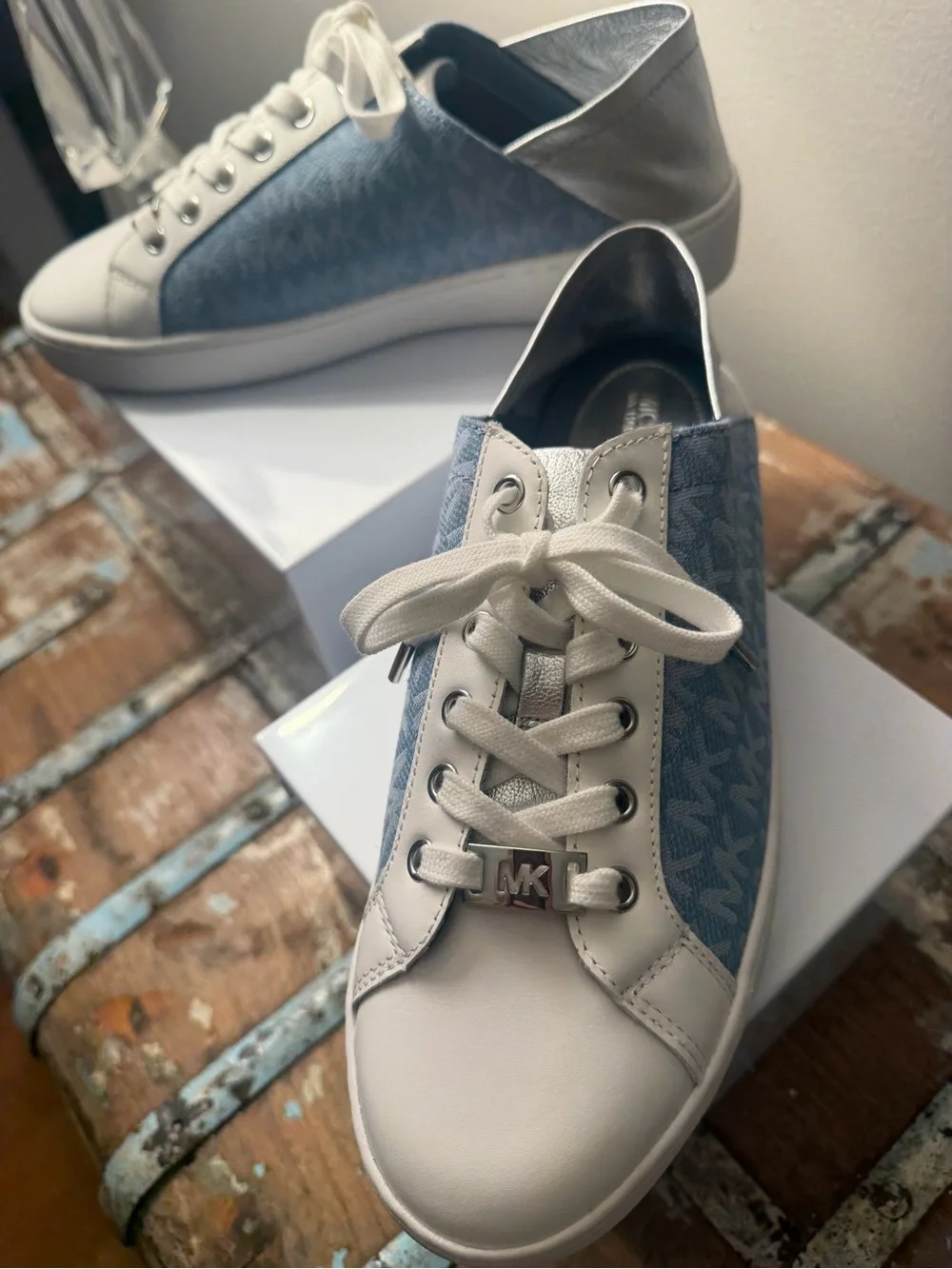Michael Kors White and Light Blue/Denim Lace-Up Sneakers